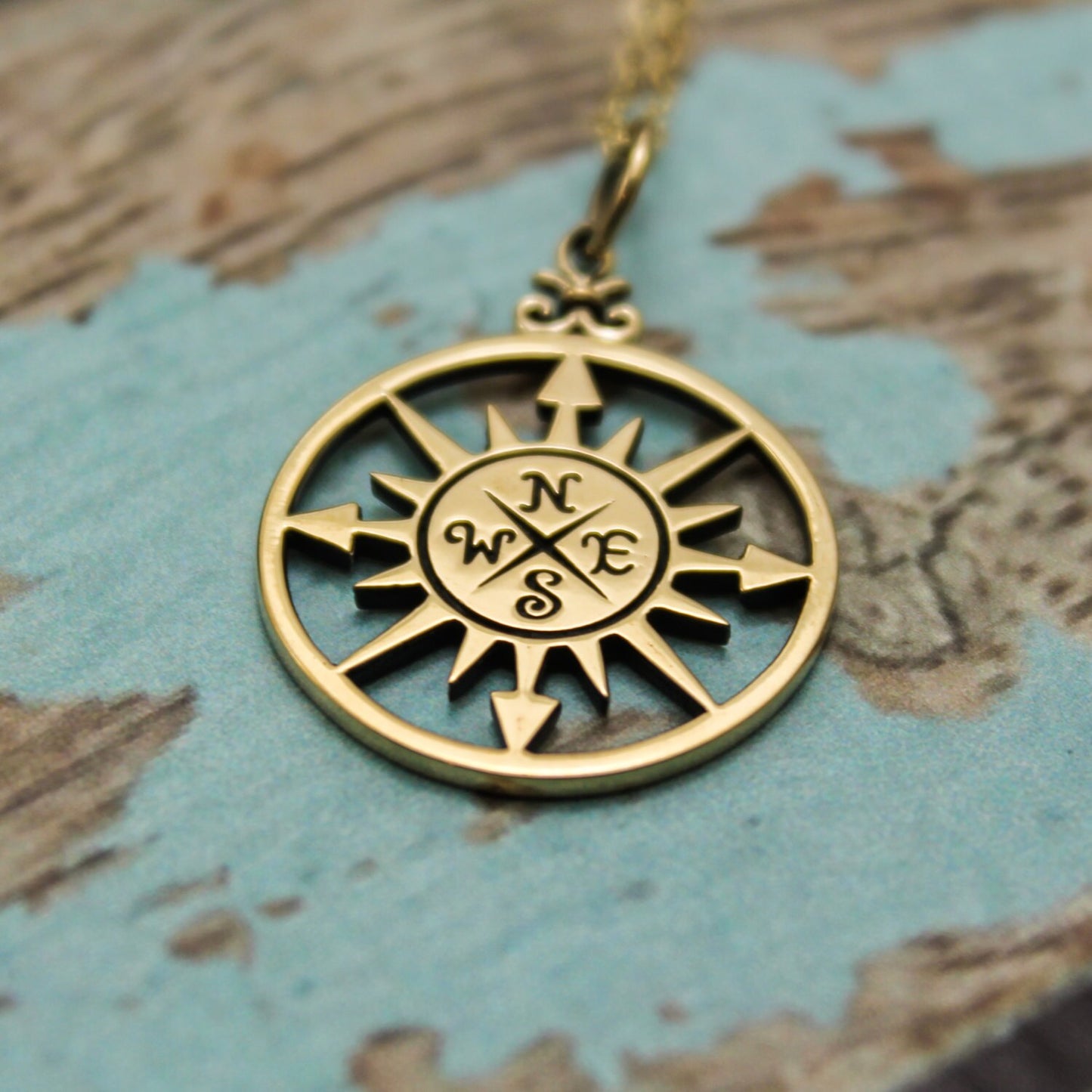 Long Rose Compass Necklace in Bronze and 14K Gold Filled