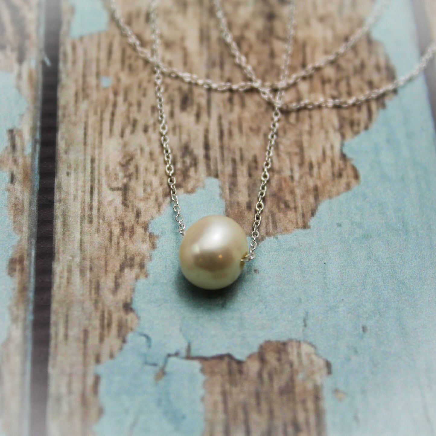 Floating Pearl Necklace, Sterling Silver Pearl Necklace, Minimalist Bridal Necklace, Single Pearl, Suspended Pearl Wedding Necklace