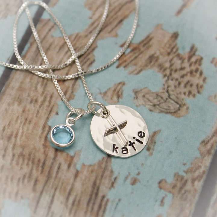 SALE Personalized Sterling Silver Disc with Cross Necklace for Confirmation or First Communion Hand Stamped Jewelry Date on Back