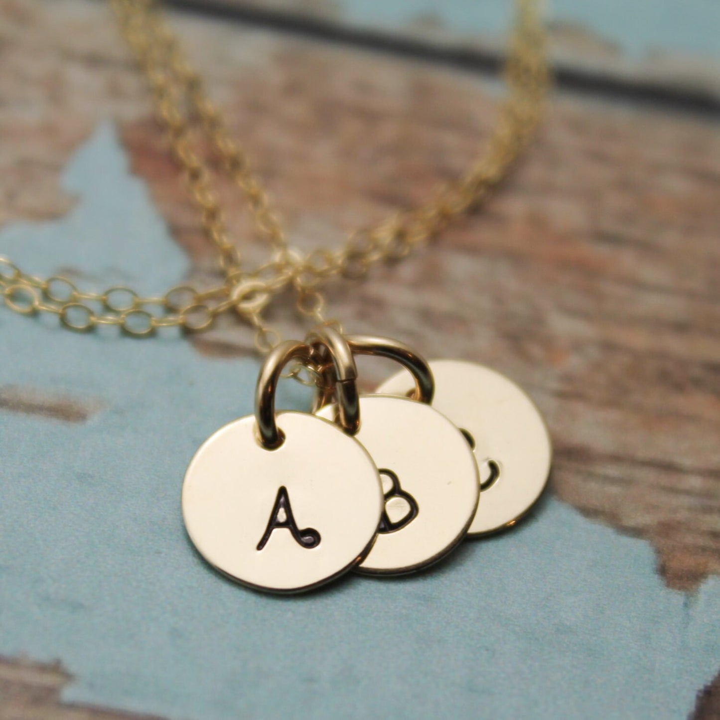 Gold Tiny Initials Necklace, Gold Initial Necklace, Gold Letter Necklace, Gold Letter Charm, Hand Stamped Jewelry, 14K Gold Filled Initial