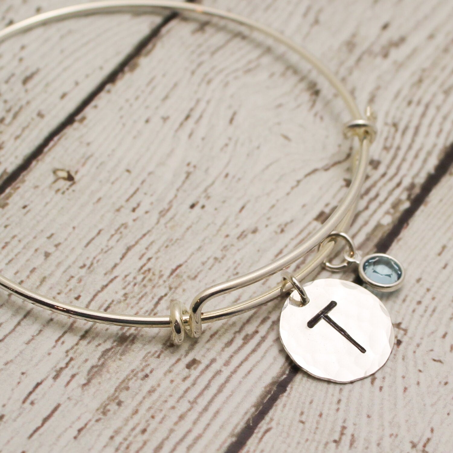 Initial and Birthstone Bangle Bracelet, Sterling Silver, Stainless Steel, Personalized