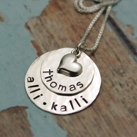 Mother or Grandmother Necklace with Two Discs Layered Sterling Silver Personalized Hand Stamped Jewelry