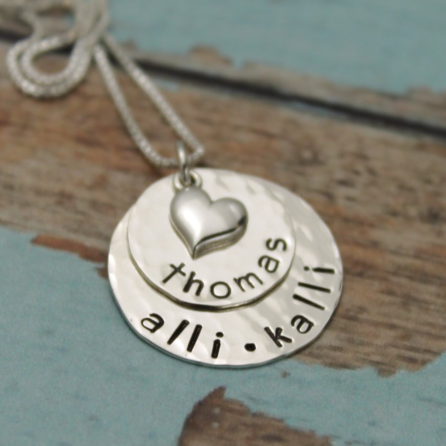 Mother or Grandmother Necklace with Two Discs Layered Sterling Silver Personalized Hand Stamped Jewelry