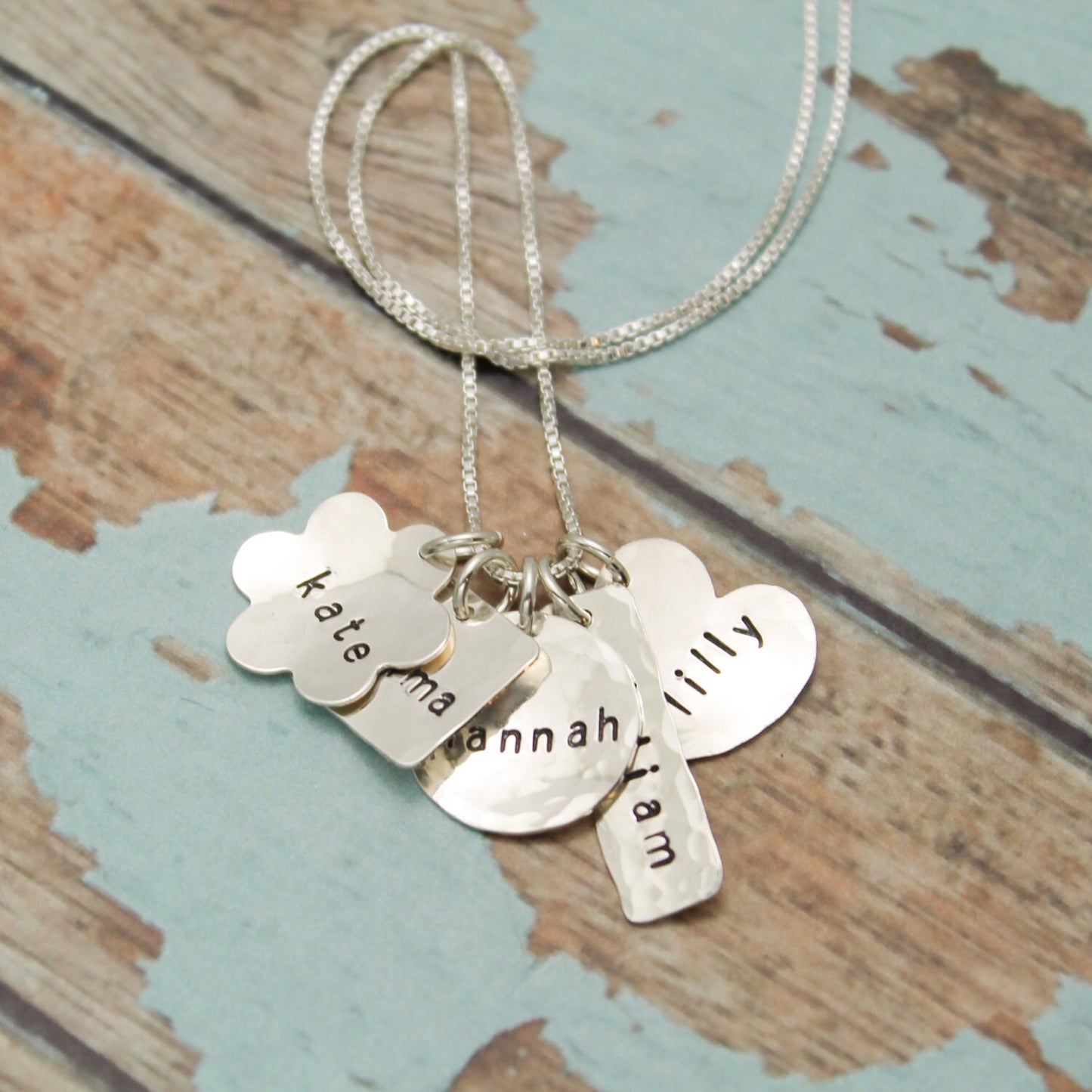 Name Charm Necklace, Custom Charms, Hand Stamped Sterling Silver Family Charm Necklace, Mother's Day Gift