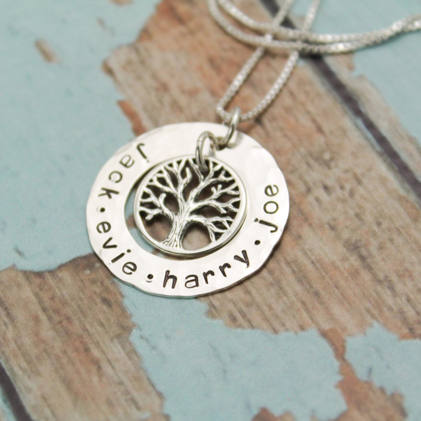 Mother or Grandmother Sterling Silver Washer Tree of Life Necklace Personalized Hand Stamped Jewelry