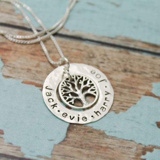 Mother or Grandmother Sterling Silver Washer Tree of Life Necklace Personalized Hand Stamped Jewelry