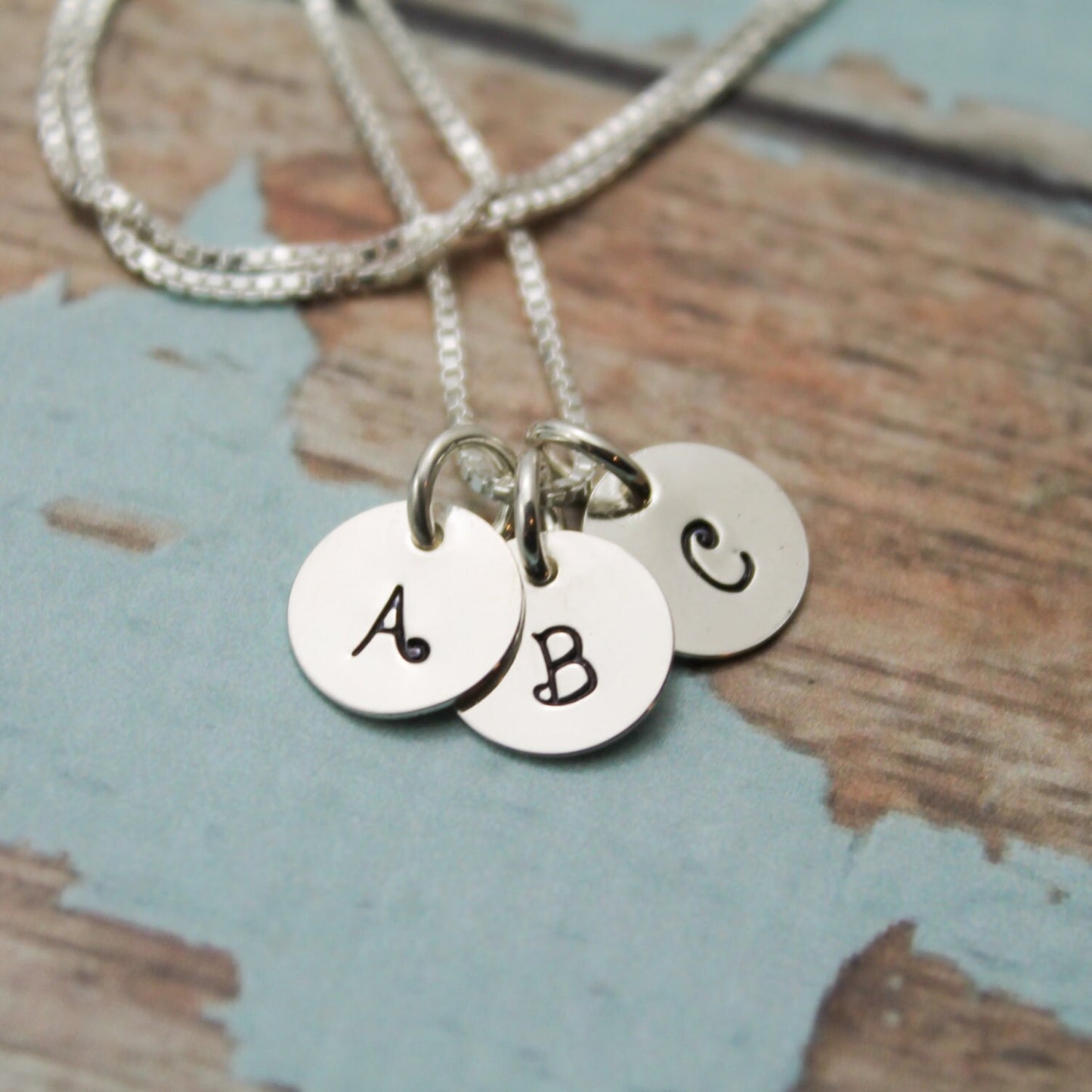 Three (3) Tiny Initial Sterling Silver Necklace Personalized Hand Stamped Jewelry