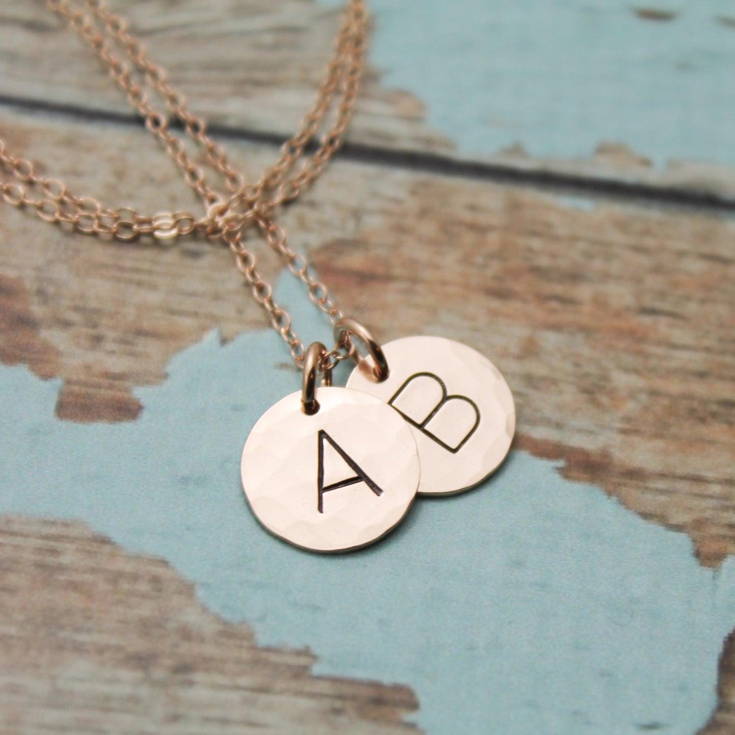 Two (2) Rose Gold Filled Initial Necklace Personalized Hand Stamped Jewelry
