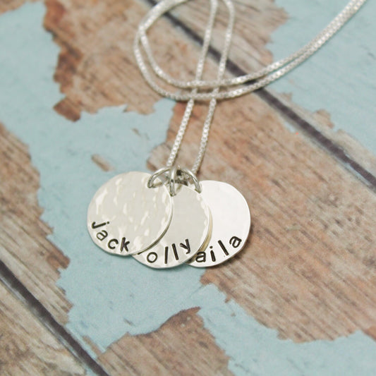 Grandmother or Mother Family Necklace with 3 Three Names Personalized Hand Stamped Jewelry