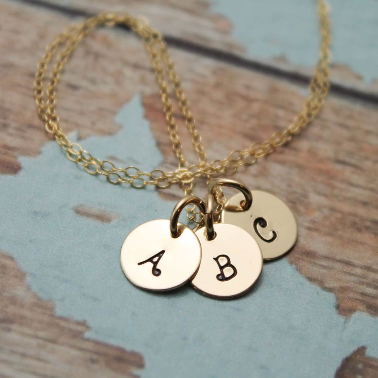 Gold Tiny Initials Necklace, Gold Initial Necklace, Gold Letter Necklace, Gold Letter Charm, Hand Stamped Jewelry,  14K Gold Filled Initial