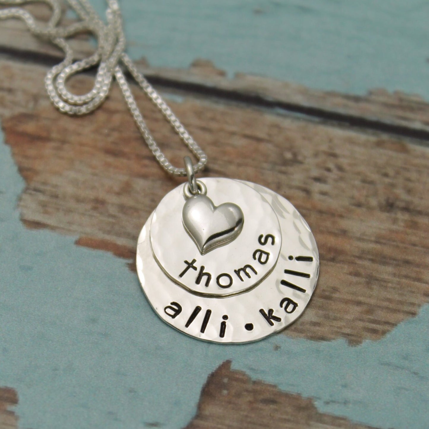 Mother or Grandmother Necklace with Two Discs Layered Sterling Silver Personalized Hand Stamped Jewelry