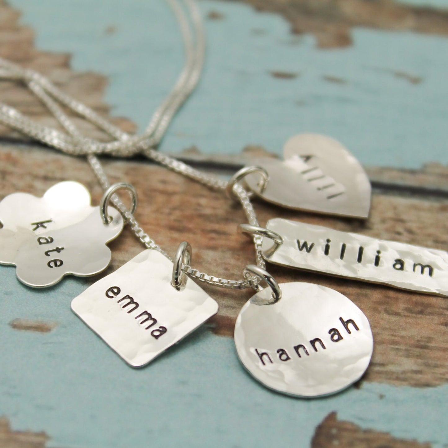Name Charm Necklace, Custom Charms, Hand Stamped Sterling Silver Family Charm Necklace, Mother's Day Gift