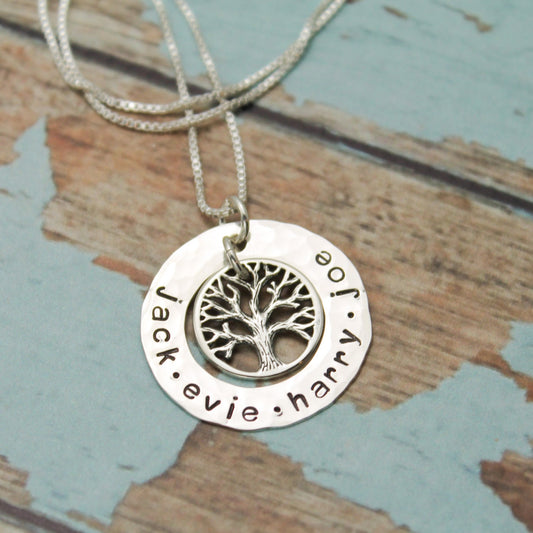 Mother or Grandmother Sterling Silver Washer Tree of Life Necklace Personalized Hand Stamped Jewelry