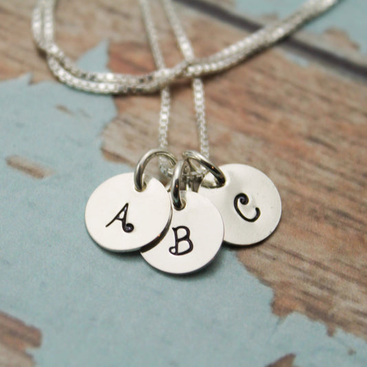 Three (3) Tiny Initial Sterling Silver Necklace Personalized Hand Stamped Jewelry