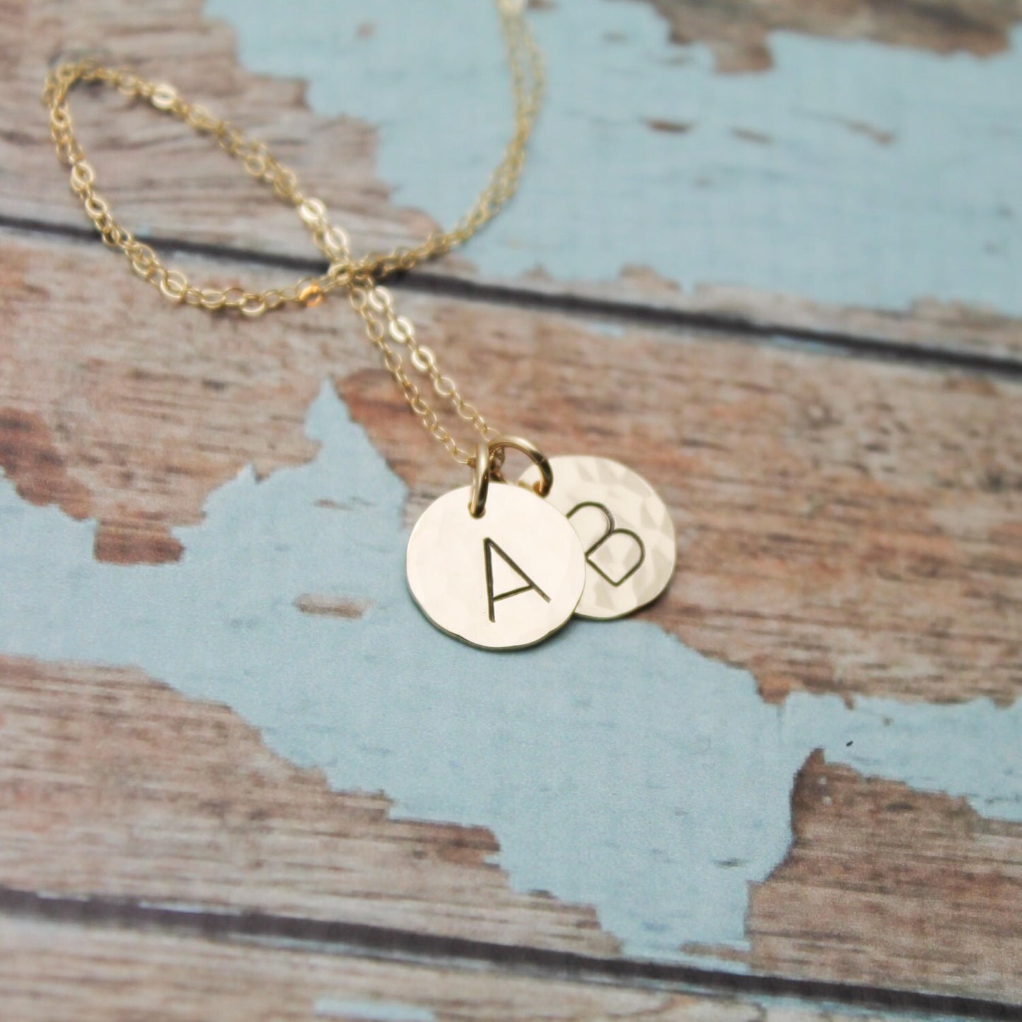 Two (2) 14K Gold Filled Initial Necklace Personalized Hand Stamped Jewelry