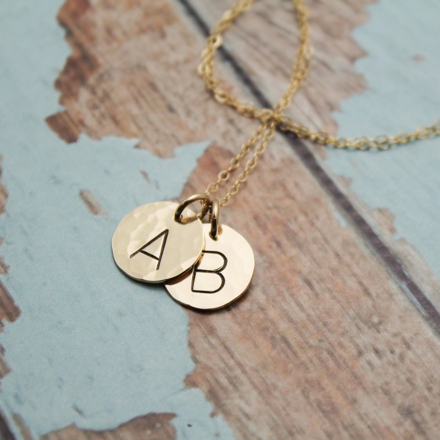 Two (2) 14K Gold Filled Initial Necklace Personalized Hand Stamped Jewelry