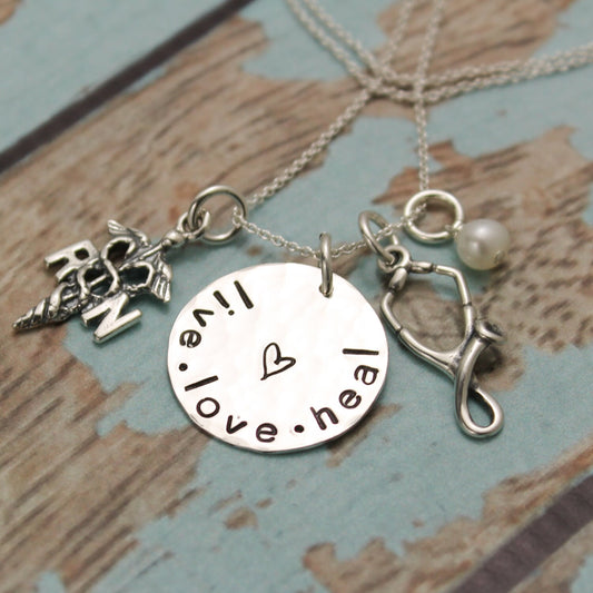 Live Love Heal RN Nurse Necklace RN LPN Nurse Personalized Nurse Jewelry Gift Hand Stamped Sterling Silver