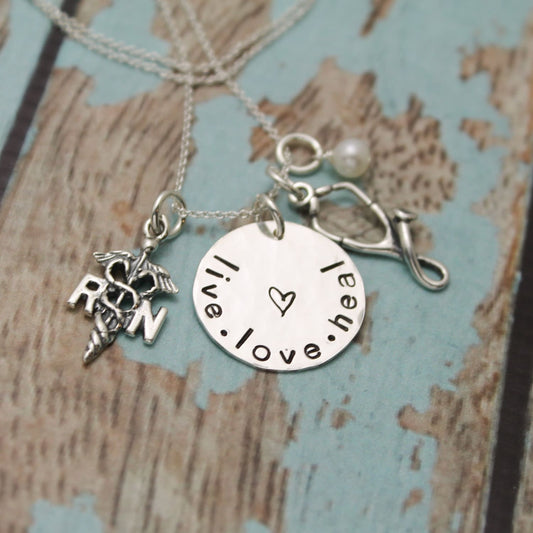 Live Love Heal RN Nurse Necklace RN LPN Nurse Personalized Nurse Jewelry Gift Hand Stamped Sterling Silver
