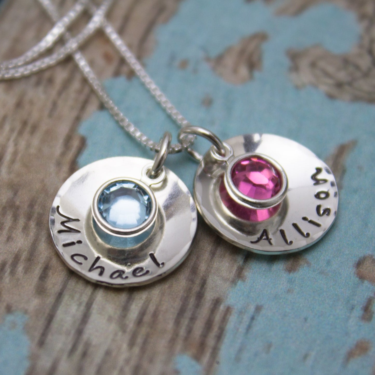 Mother's Day Gift, Sterling Silver Personalized (2) Two Discs Mother Necklace with Crystal Birthstone, Mommy Necklace