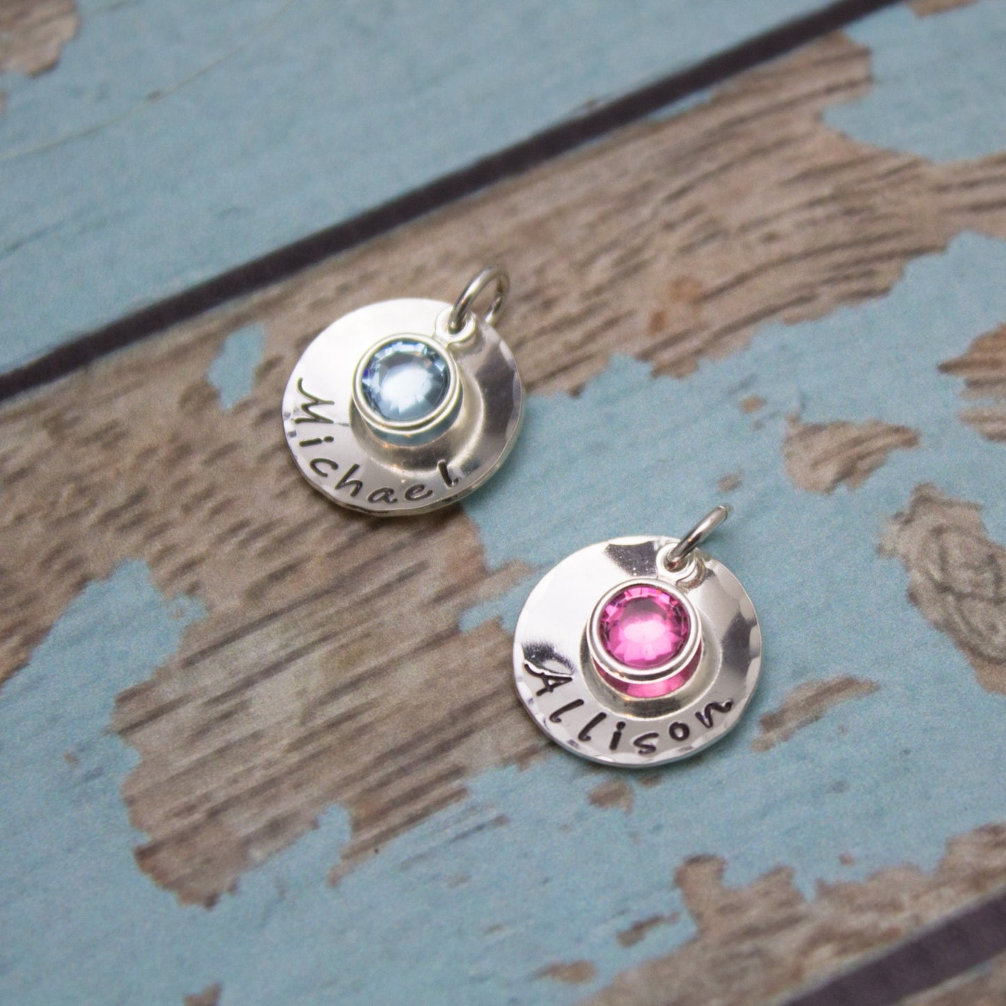 Sterling Silver Personalized Disc with Birthstone Charm, Cupped Disc Charm with Crystal Birthstone, Personalized Hand Stamped Jewelry