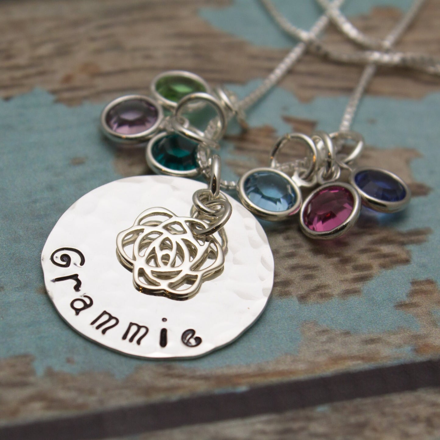 Grandmother or Mother Necklace with Rose and Birthstones Sterling Silver Personalized Hand Stamped Jewelry