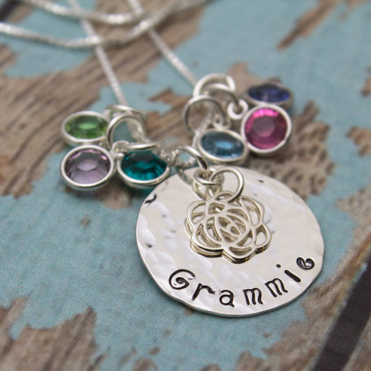 Grandmother or Mother Necklace with Rose and Birthstones Sterling Silver Personalized Hand Stamped Jewelry