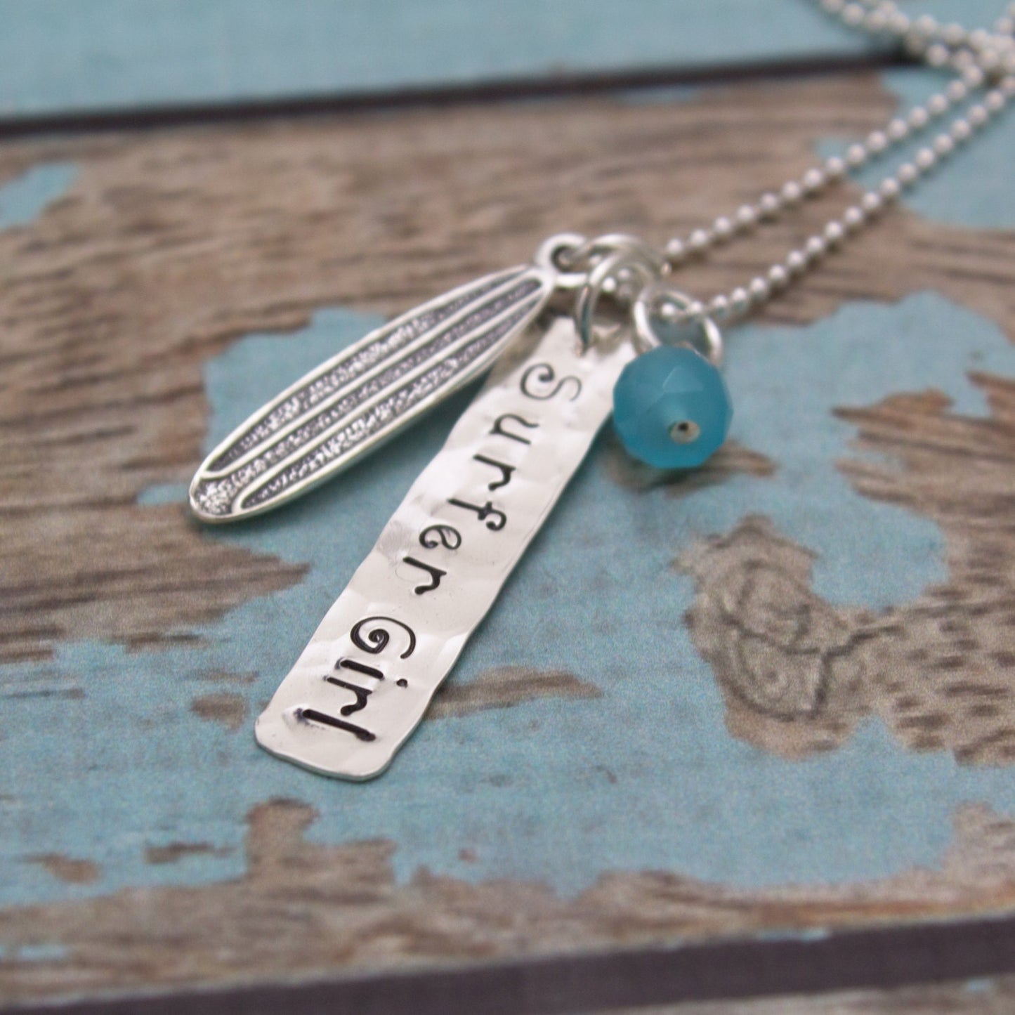 Surfer Girl Necklace, Silver Surfboard Necklace, Gifts for Surfers, Surfboard Charm Jewelry, Surfing Necklace, Hand Stamped Necklace