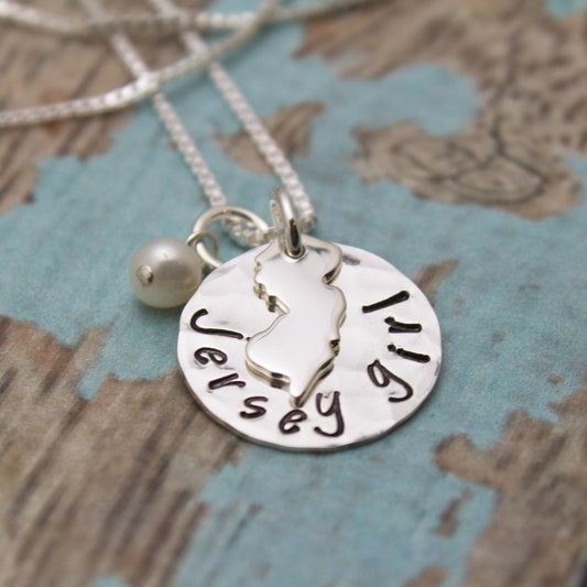 Jersey Girl Necklace with Pearl or Birthston, New Jersey Necklace, Jersey Gir Jewelry, New Jersey State, Personalized Hand Stamped Jewelry
