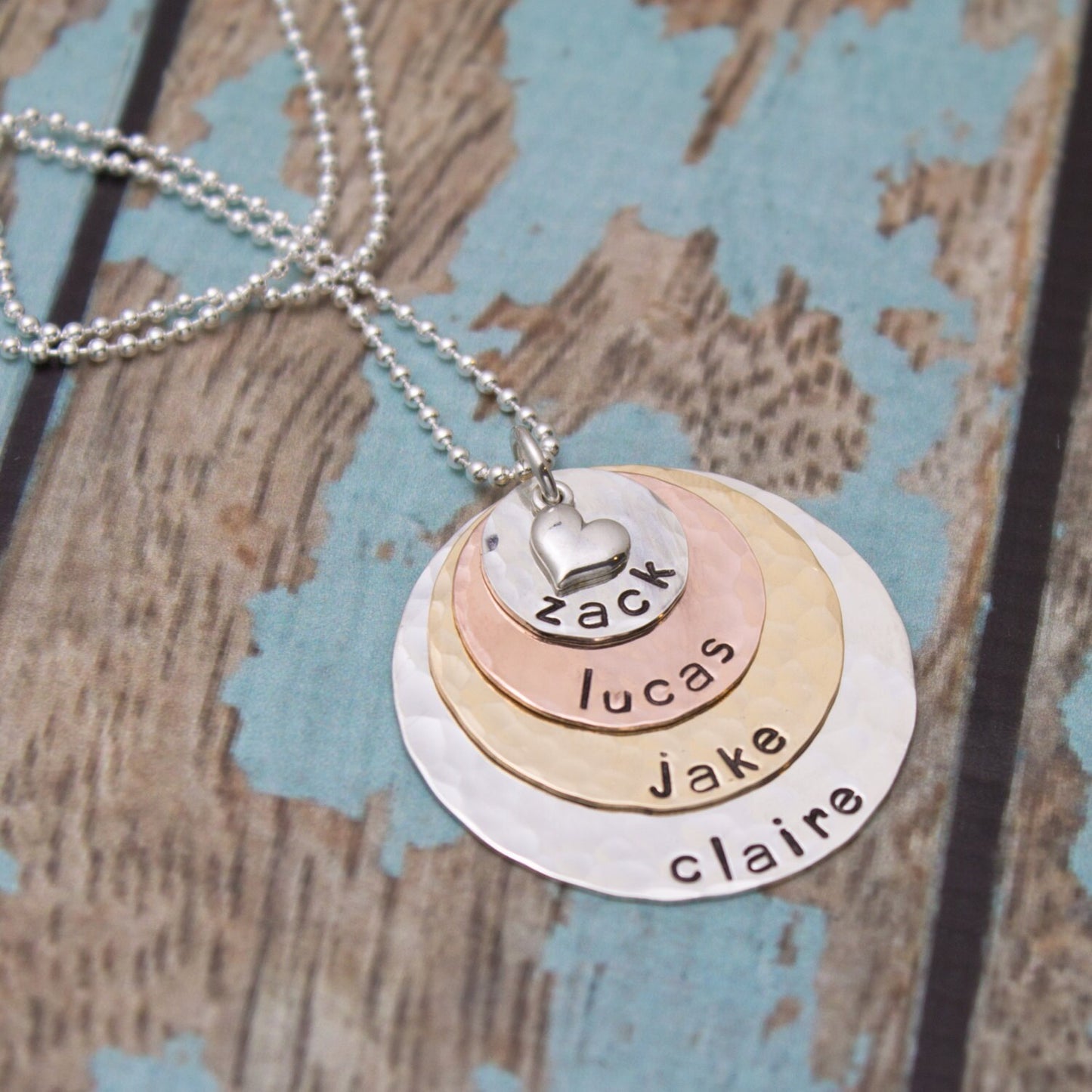 Mother or Grandmother Necklace in Four (4) Layers Silver, Copper and Brass Necklace Personalized Hand Stamped Jewelry