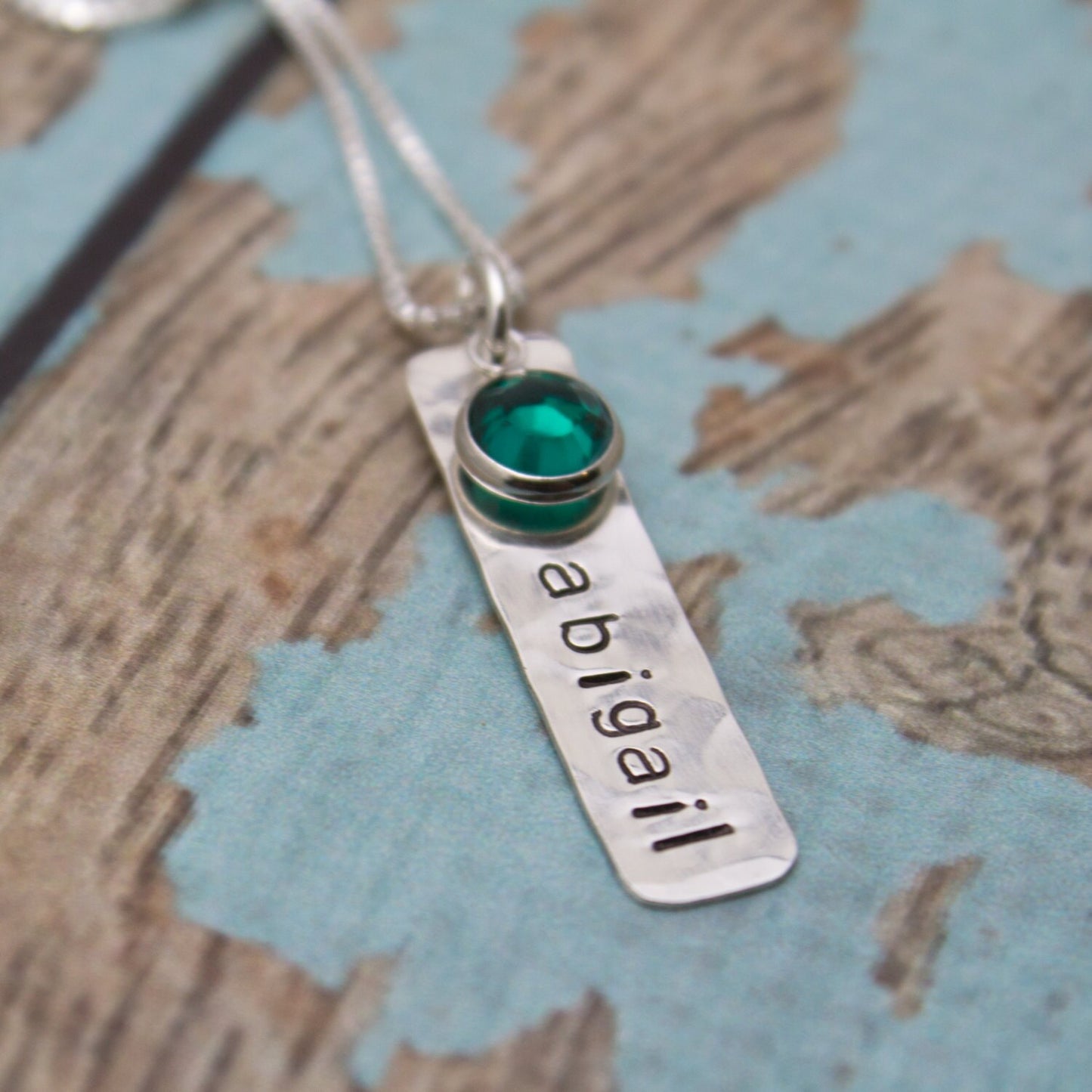 Personalized Sterlling Silver Tag Necklace with Birthstone Hand Stamped Jewelry