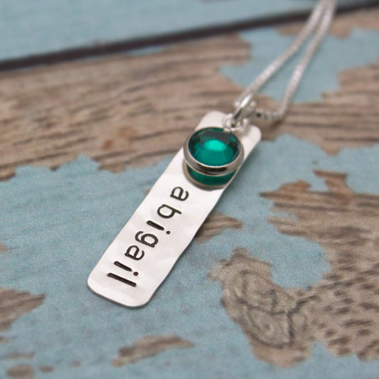 Personalized Sterlling Silver Tag Necklace with Birthstone Hand Stamped Jewelry