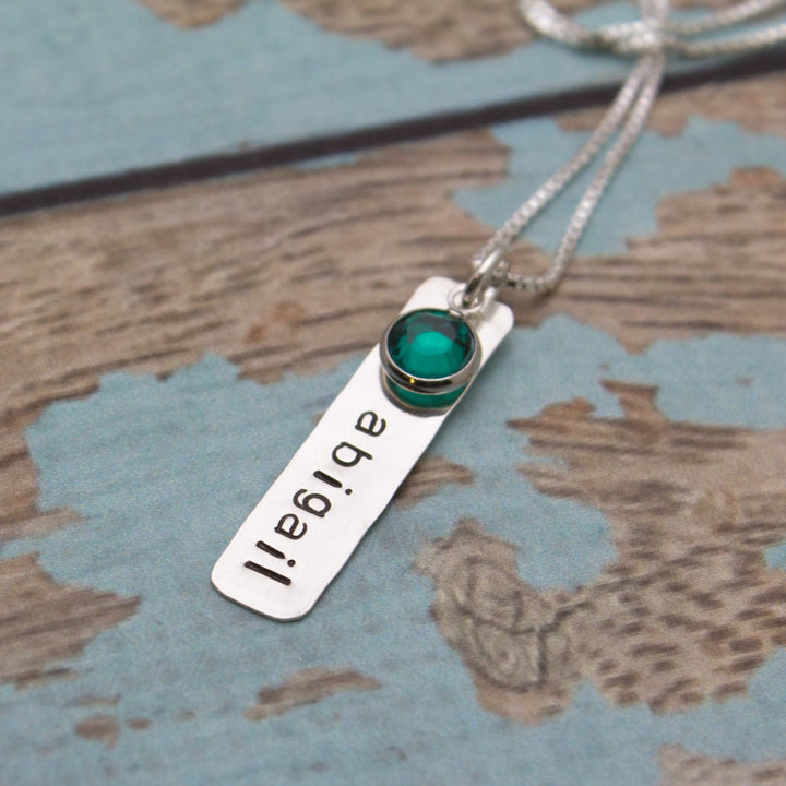Personalized Sterlling Silver Tag Necklace with Birthstone Hand Stamped Jewelry