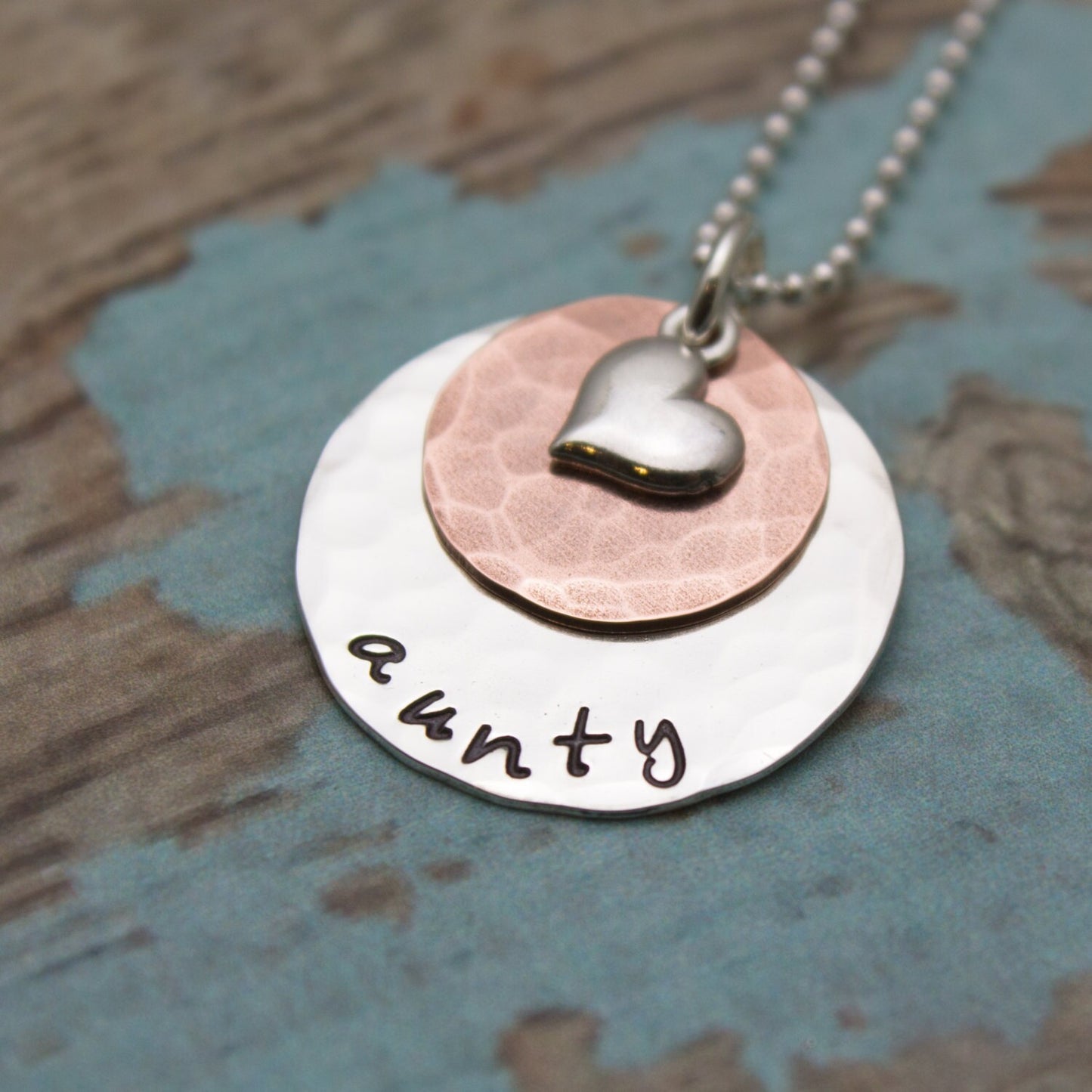 Sterling Silver and Copper Layered Necklace with Heart Charm Grandmother or Mother Necklace Personalized Hand Stamped Jewelry