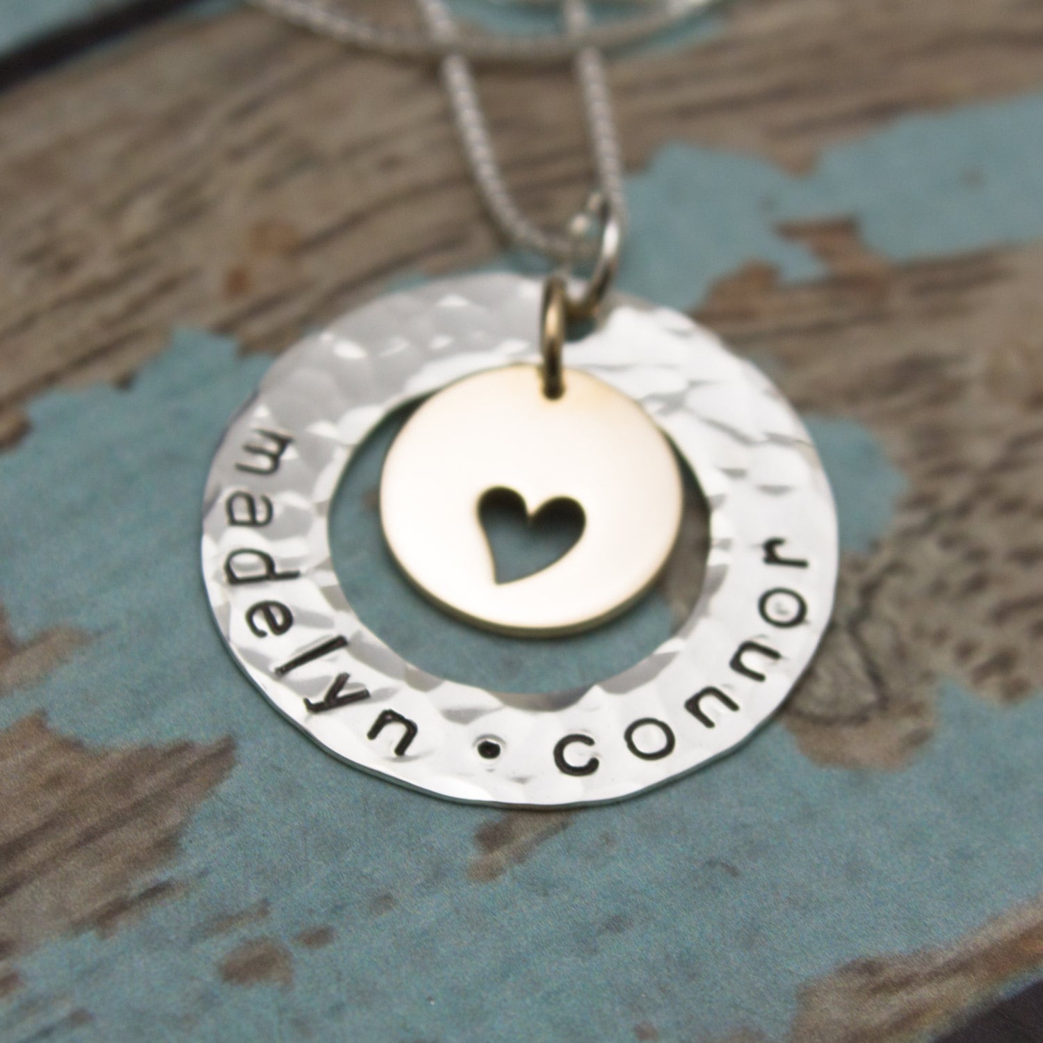Sterling Silver and Bronze Washer Personalized Family Mother Grandmother Necklace Hand Stamped Jewelry