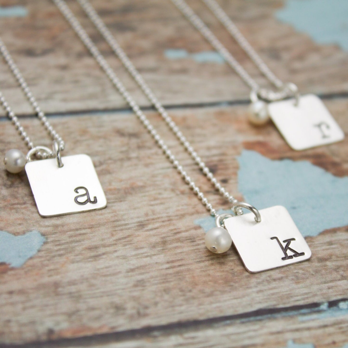 Sterling Silver Square Initial Necklace with Pearl or Birthstone Personalized Hand Stamped Jewelry