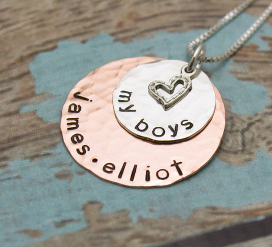 Personalized Mom Necklace, My Boys My Girls Silver and Copper Mommy Mother Grandmother Personalized Necklace Hand Stamped Jewelry