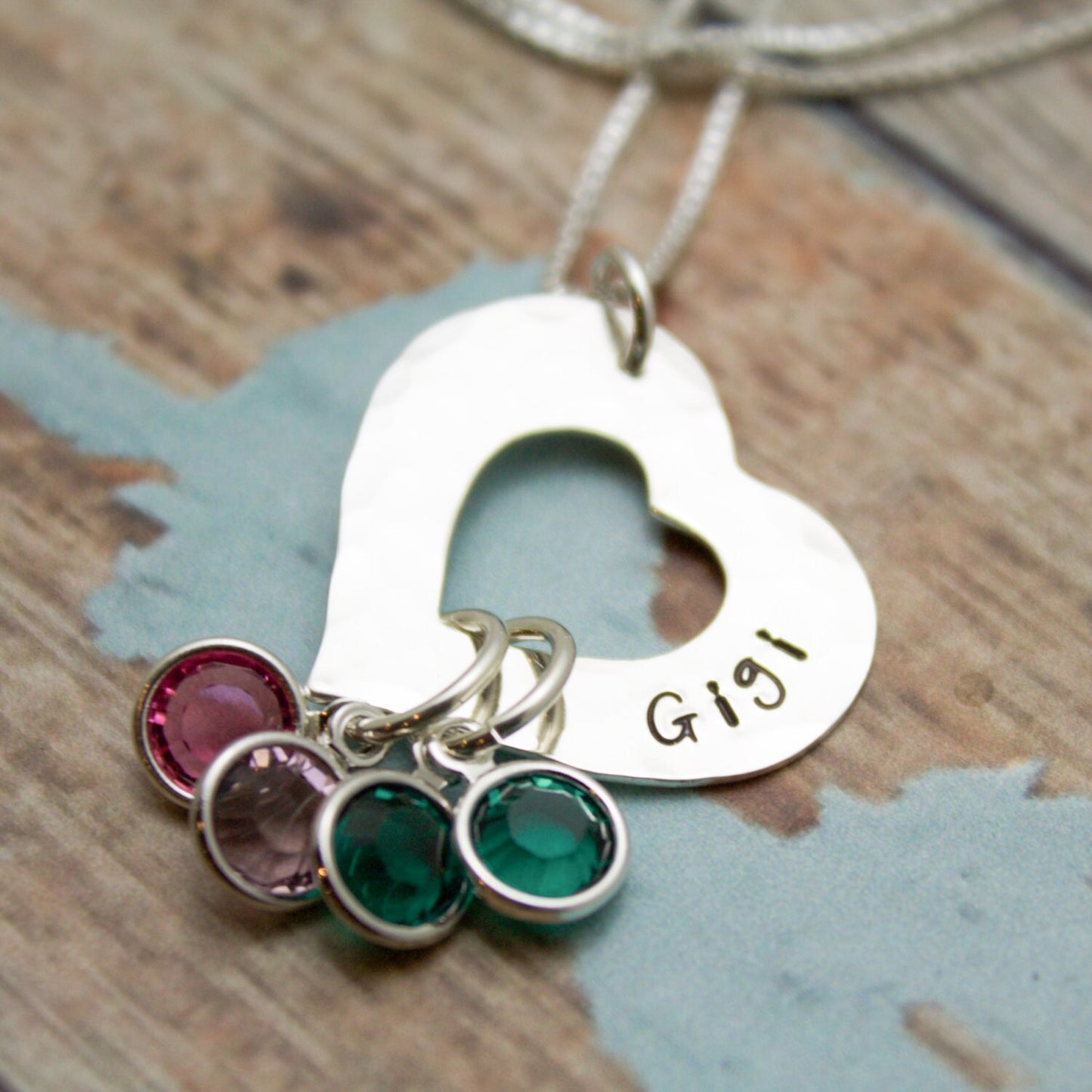 Heart Necklace for Mother or Grandmother with Birthstones Personalized Hand Stamped Jewelry