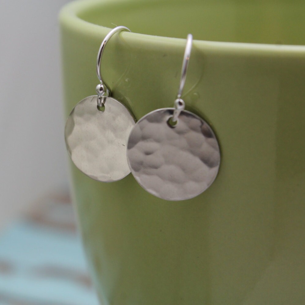 Sterling Silver Earrings - Hammered Disc Drop Earrings