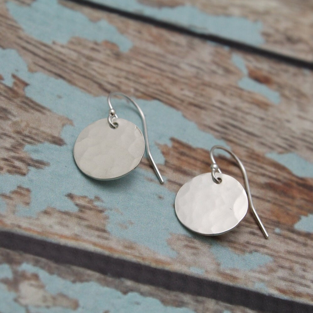 Sterling Silver Earrings - Hammered Disc Drop Earrings