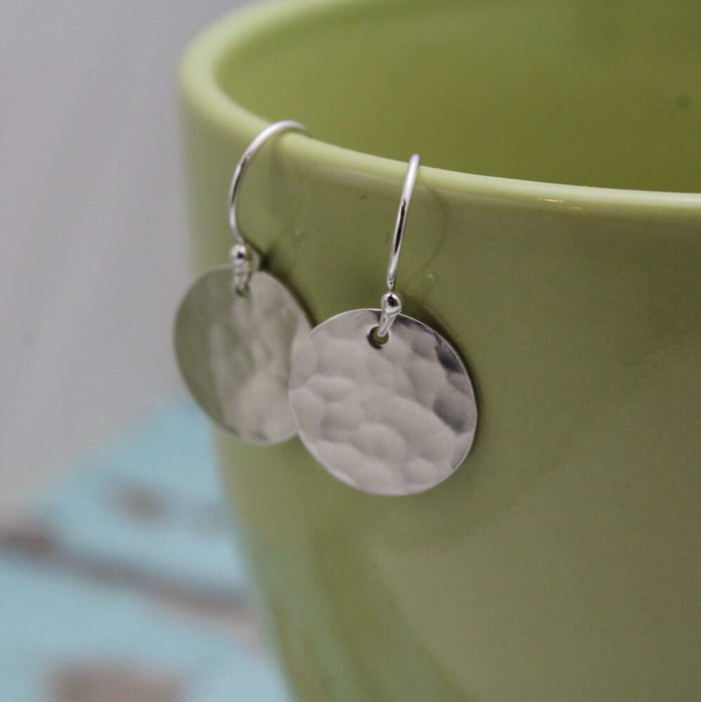 Sterling Silver Earrings - Hammered Disc Drop Earrings