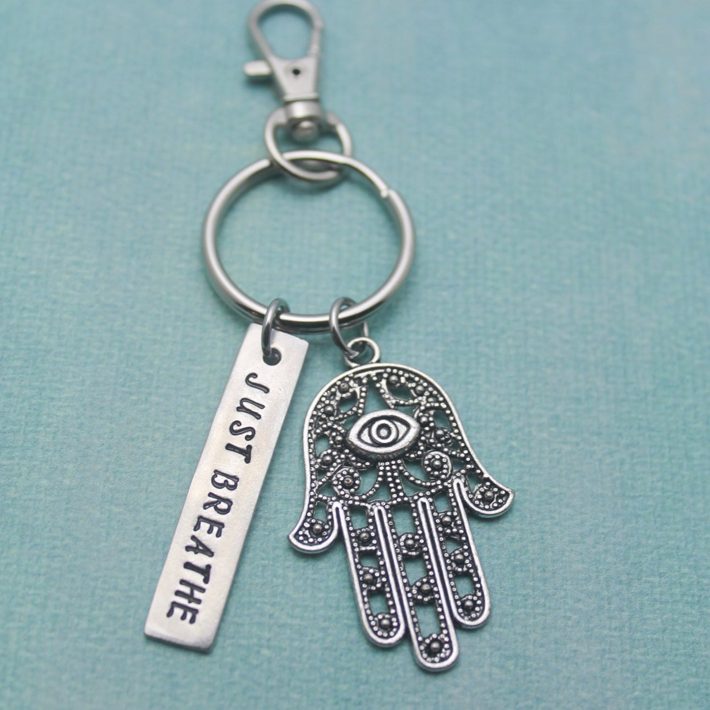 Just Breathe Hand Stamped Pewter Keychain