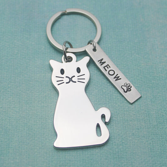 Cat MEOW Pewter Keychain Personalized