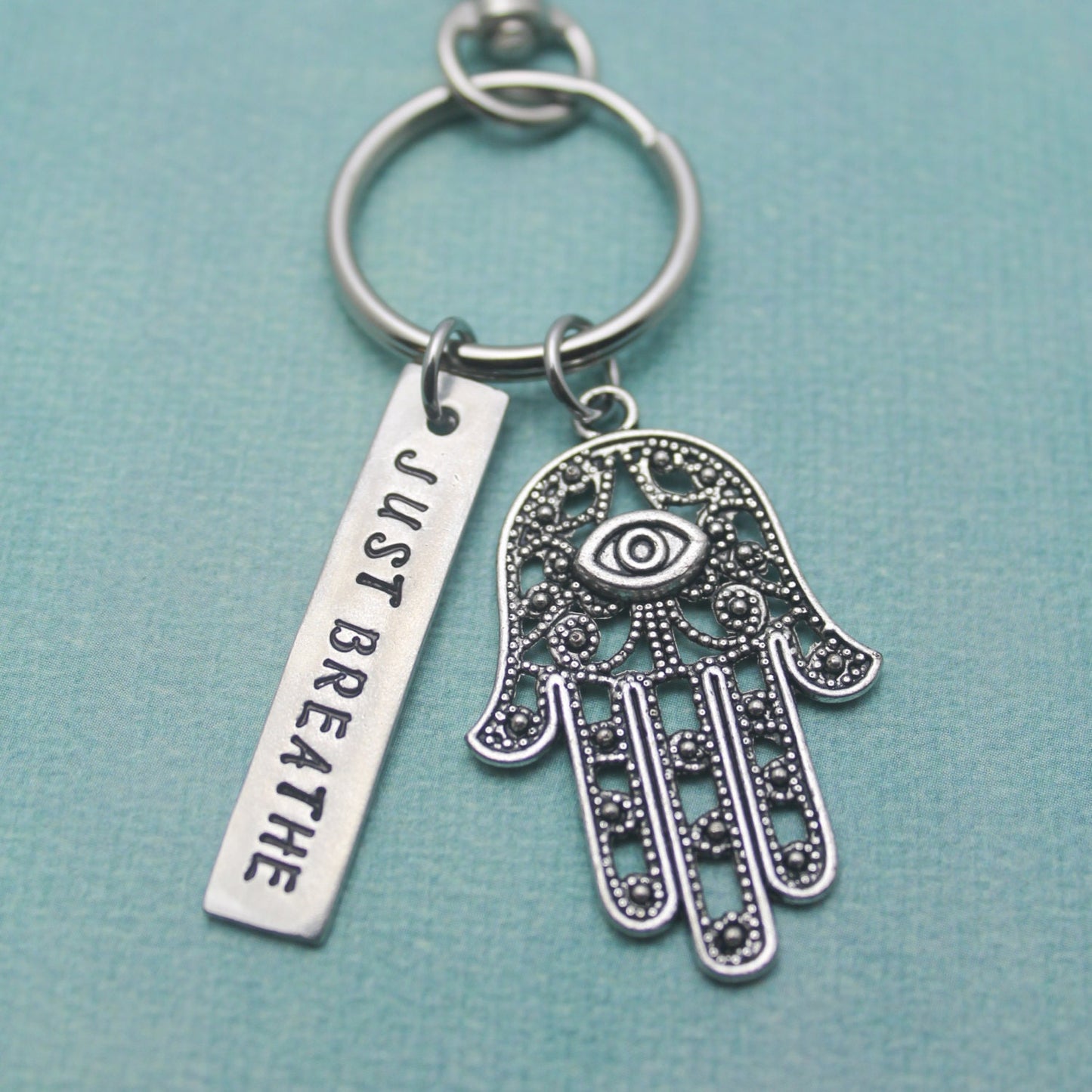 Just Breathe Hand Stamped Pewter Keychain