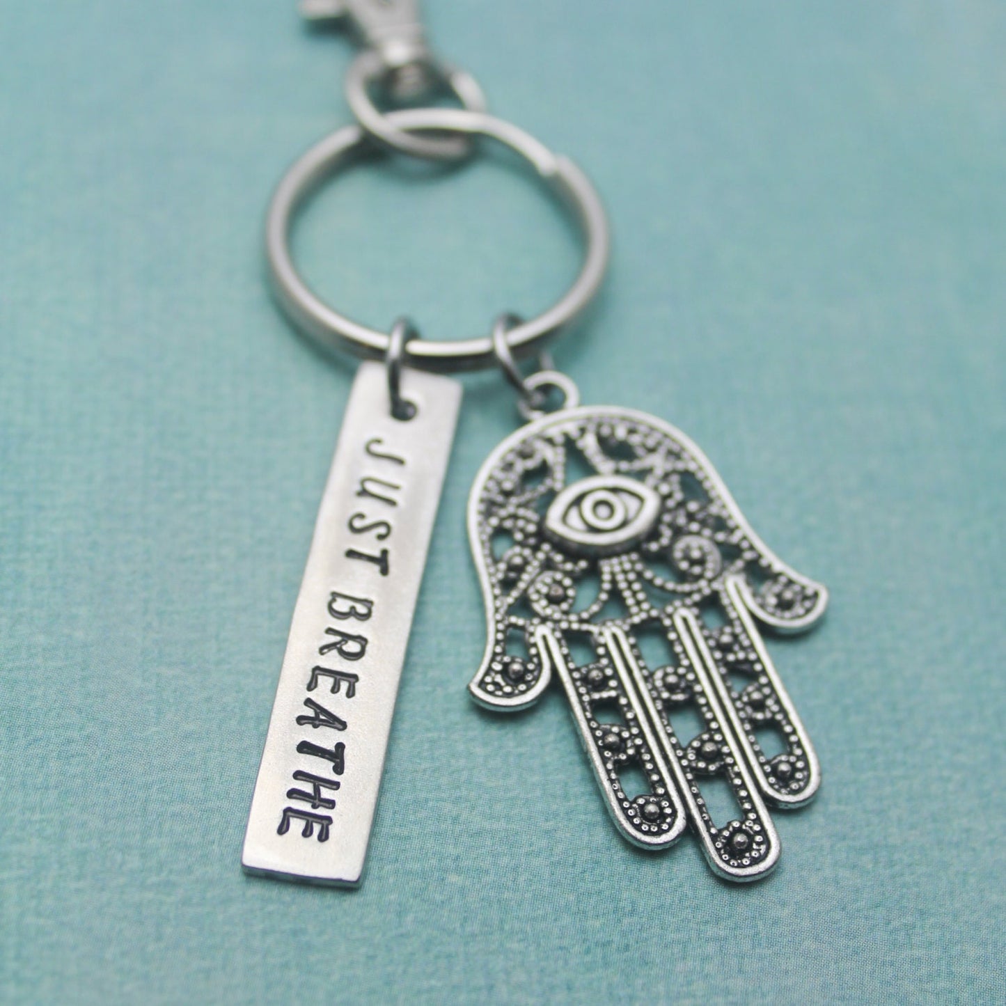 Just Breathe Hand Stamped Pewter Keychain