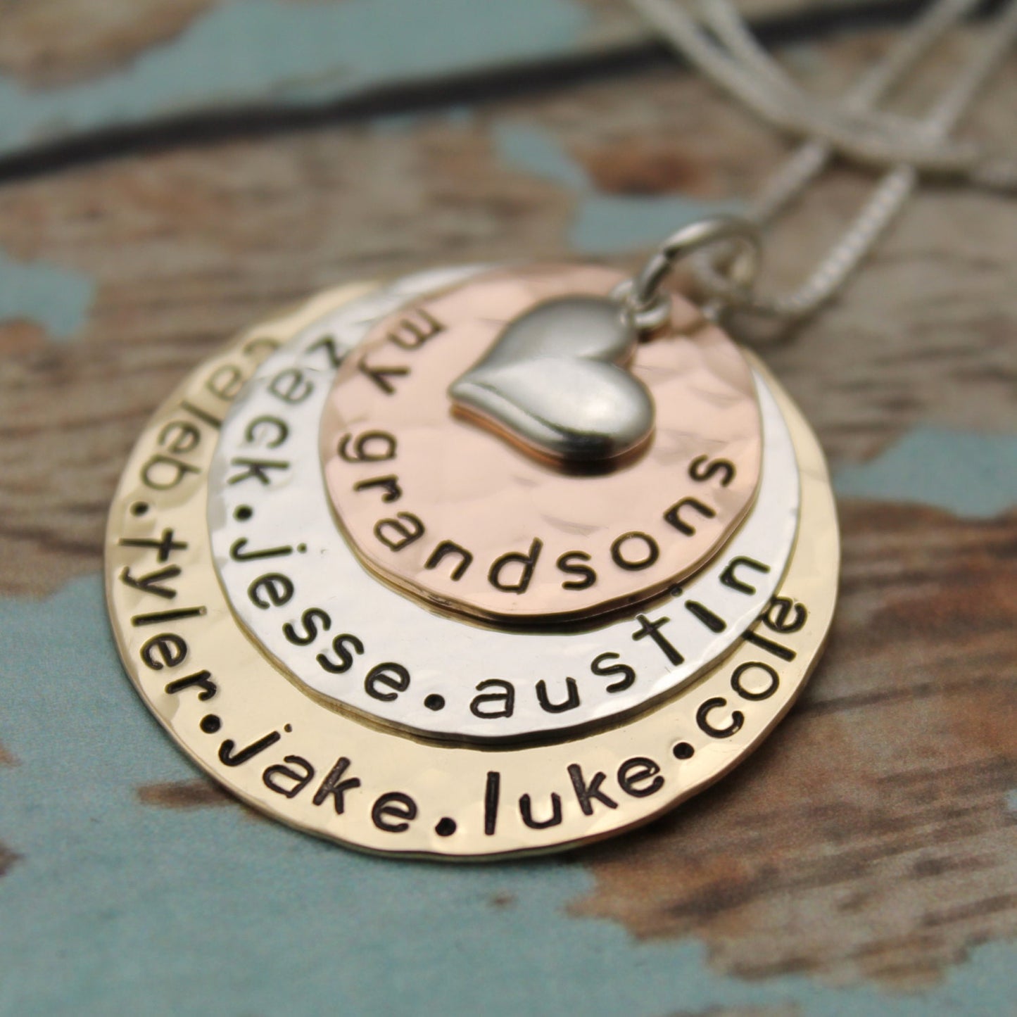 Grandmother or Mother Necklace - Handstamped - Personalized - Precious Metals, Rose Gold Filled, Sterling & 14K Gold Filled