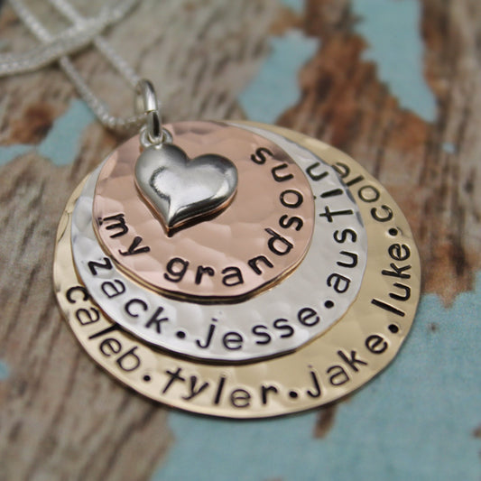 Grandmother or Mother Necklace - Handstamped - Personalized - Precious Metals, Rose Gold Filled, Sterling & 14K Gold Filled