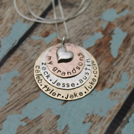 Grandmother or Mother Necklace - Handstamped - Personalized - Precious Metals, Rose Gold Filled, Sterling & 14K Gold Filled