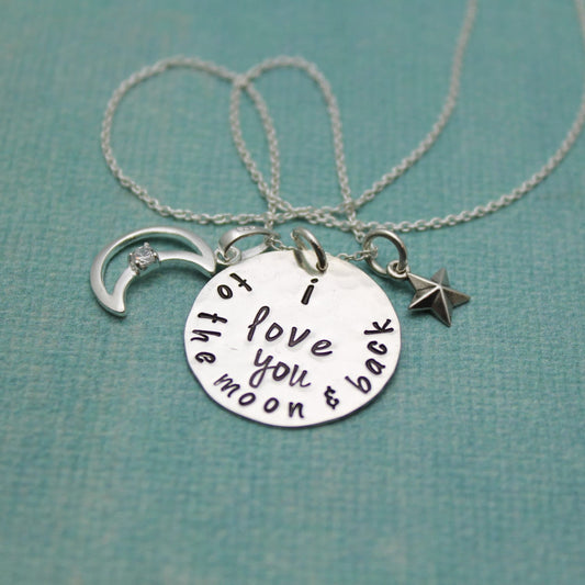 I Love You to the Moon & Back - Hand Stamped Necklace - Sterling Silver