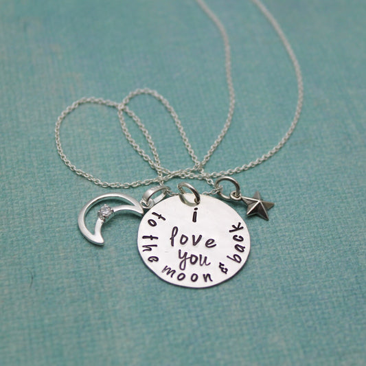 I Love You to the Moon & Back - Hand Stamped Necklace - Sterling Silver