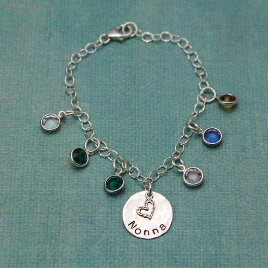 Personalized Grandmother or Mother Bracelet with Birthstones, Grandma Charm Bracelet, Mommy Charm Bracelet, Mom Mom Hand Stamped Jewelry